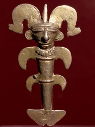 Pre-columbiansk konst, Quimbaya civilisation (Colombia): antropomorft hänge i guld. 400-1400 e.Kr. Bogota, Museo de Oro, Colombia