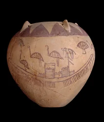 Bränd lerburk med målad dekor, inklusive båtar och djur, c.3400-3300 f.Kr. (lera)