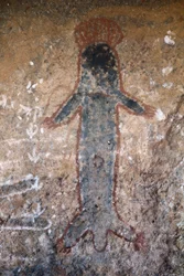 Aboriginsk klippmålning, en kvinna (tiliqua?), i Uluru (eller Ayers Rock), i Northern Territory, i centrala Australien (målning)