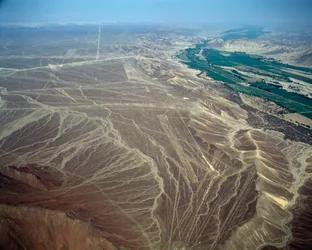 Flygfoto över Nazca-linjerna som representerar en fågelfigur (fotografi