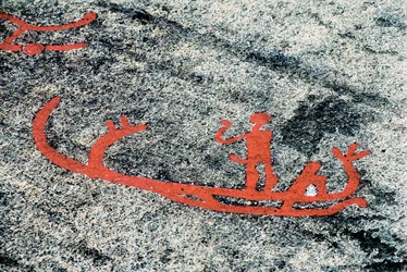 Petroglyfer från Tanoum som föreställer en man på en båt, Litslebyklippan, Sverige (graverad sten)