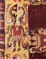 Förkolumbiansk civilisation: ceremoniell förrättare med mask. 300-100 f.Kr. Bildväv från Ica i Peru. Nationella arkeologiska museet i Lima, Peru.