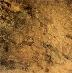 Förhistorisk fallisk dans, Spanien, Katalonien, Lleida, El Cogul, Grotte des Maures (målning)