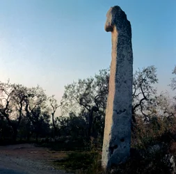 Förhistoria: Munken. Menhir från yngre stenåldern (6000-3000 f.Kr.). Peters ålder. Stenhöjd 370 cm Modugno, Puglia, provinsen Bari, Italien.