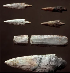 Förhistoria: pilspetsar och flinta från nekropolen i Cantalupo-Mandela (Cantalupo Mandela), Lazio. Kopparålder. Eneolitikum. 2200 f.Kr. Rom, Nationella förhistoriska och etnografiska museet Luigi Pigorini