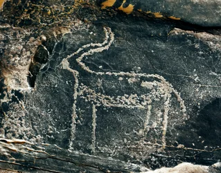 Förhistoria, hällkonst: gravsten av representationen av en antilop. Stenåldern 5000-2000 f.Kr. Taghit, Haut plateau du Hoggar (Ahaggar), Algeriet