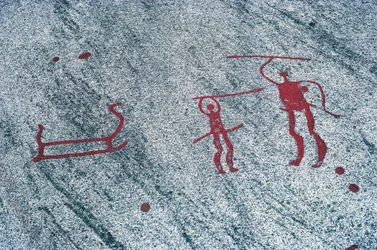 Sverige, Vastra Götalands län, Norr om Bohuslan, Tanum (Tanumshede), hällmålningar