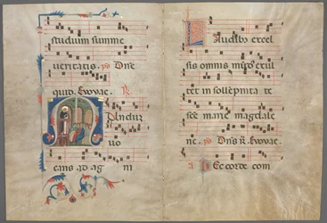 Bifolium from an Antiphonary: Initial M med Saint Dominic Preaching, ca. 1320-1340.