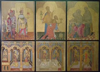Rekonstruktion av en väggmålning som ursprungligen fanns i Sankt Stefans kapell, med på nedersta raden från vänster till höger: Thomas Woodstock (1355-97), Edmund Langley, John of Gaunt (1340-99), Lionel (1338-68), Edvard, den svarte prinsen (1330-76) och