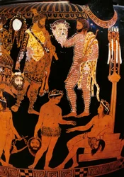 Pronomosvasen, rödfigurig krater. Detalj som visar Herakles, förberedelserna inför ett satyrspel i närvaro av Dionysos och Ariadne; gestalterna håller teatermasker. 400 f.Kr. Neapel, Museo Archeologico Nazionale