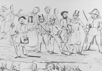 Honore de Balzac (1799-1850) tillsammans med karaktärerna i "La Comedie Humaine", 1838
