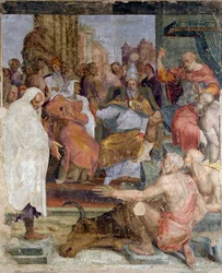 Påven Sylvester och kejsar Konstantins berättelser, av Prospero Fontana (1512-1597), fresk, sal, Palazzina della Viola, Bologna, Emilia-Romagna, Italien