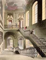 Hall och trappa på British Museum, från "Microcosm of London" publicerad av R. Ackermann 1808