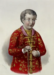 Storhertig Simeon Alexeievitch (1665-1669) av Ryssland (Tsarevich Simeon Alexeevich av Ryssland). Verk av Pyotr Fyodorovich Borel (1829-1898), litografi cirka 1860. Rysk konst från 1800-talet, nyklassicism. Ryska statsbiblioteket, Moskva.