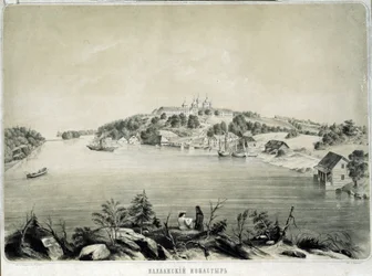 Valaam-klostret (eller Valamo) på Valaam Island i Lake Lagoda (Ryssland) (The Valaam Monastery on Valaam Island in Lake Lagoda). Teckning av Pyotr Fyodorovich Borel (1829-1898). Litografi, 53,3 x 70,5 cm