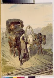 Trojka (rysk vagn dragen av tre hästar). Verk av Pyotr (Piotr) Petrovich Sokolov (1821-1899), akvarell på papper