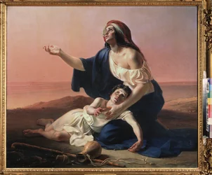 Hagar och Ismael i öknen. (Abrahams egyptiske tjänare, med profetens oäkta barn, jagade i öknen, när vattnet tar slut). Målning av Pyotr Stepanovich Petrovsky (1814-1842), olja på duk