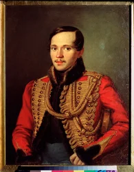 Portrait du poete Mikhail Lermontov (1814-1841) (Portrait of the Poet M Lermontov) - Oeuvre de Pyotr Yefimovich Zabolotsky (Zabolotski) (1803-1866), huile sur kartong