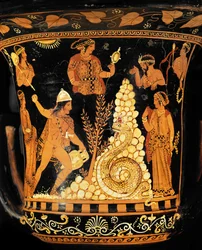 Krater med röda figurer: Kung Cadmos, med en amfora i ena handen, kastar stenar mot draken ...