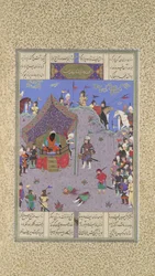 Rustam tar med Div-kungen till Kai Kavus för utförande, Folio 127v från..., ca. 1525-30