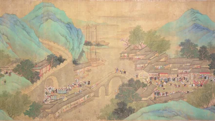 Kejsar Kang Shis rundtur i Kiang-Han 1699, efter Chaio Ping Chen (1661-1722) (bläck och färg på papper med silke)