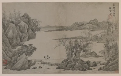 Flodlandskap och vedsamlare (bläck på papper)