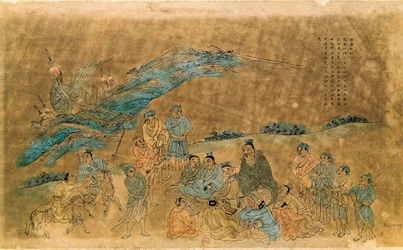 Den kinesiske filosofen Konfucius (Kong Fu Zi) (551-479 f.Kr.) omger sina lärjungar (akvarell)