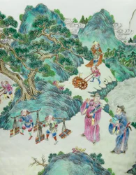 Detalj från en av ett par Imperial Famille Rose-vaser (keramik)