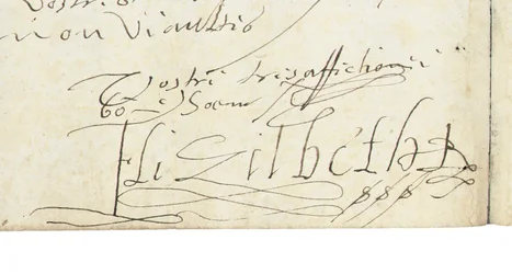 Underskrift på ett brev från Elizabeth I av England till Henri IV av Frankrike, c.1596