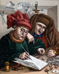 Pengar långivare. Denna aktivitet ledde till skapandet av banker. Illustration inspirerad av Metsys målning. 1800-talet