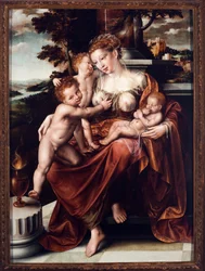 Välgörenhetsallegorier. Målning av Jan Massys (Matsys eller Metsys eller Matsijs) (1509-1575) 1549-1550 Dim.126x93 cm Genes, Musei di Strada Nuova (ex Palazzo Bianco)