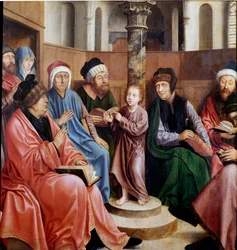 Jesus bland läkarna Målning av Quentin Metsys (1466-1530) (ec.flam.) Lissabon, Museo di Arte Antica