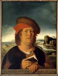 Förmodat porträtt av läkaren Paracelsus (1493-1541) (Paracelsus Aracelsus eller Theophrastus Bombastus Von Hohenheim). Målning. Kopia efter det förlorade originalet av Metsys Quentin (1465/1466-1530). Mått: 0,72 x 0,54 cm. Musée du Louvren. - Förmodat port