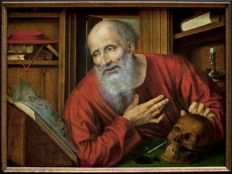 Saint Hieronymus i sin cell. Målning av Quentin Metsys (Quinten Massys) (1466-1530), första hälften av 1500-talet, flamländsk primitiv konst. Kunsthistorisches Museum, Wien, Österrike.