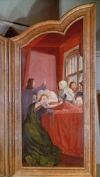 Det heliga släktskapet, eller St. Annas altartavla, detalj av den högra panelen som föreställer St. Annas död, 1509