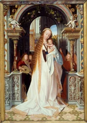 Jungfru och barn med tre änglar (Central panel av en triptyk). Målning av Quentin Metsys (1466-1530) (flam school) 1509 Dim. 0,54 x 0,37 m Lyon, musee des Beaux Arts - Jungfru och barn med tre änglar. Centralpanel av en triptyk. Målning av Quentin