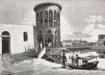 Ett litet moriskt torn som hyser de italienska officerarnas klubb, Massawa, Eritrea, gravyr efter en teckning av Quinto Cenni och en skiss av Pieragostini, ur L