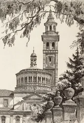 Beata Vergine dei Miracoli Sanctuary, Saronno, Italien, gravyr från en teckning av Quinto Cenni, från L