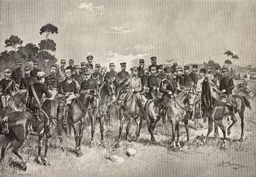 Utländska arméofficerare besöker italienska soldater i Lombardiet, Italien, gravering från en teckning av Quinto Cenni, från L