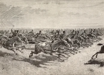 Den italienska arméns hästartilleri passerar i full galopp, Lombardiet, Italien, gravyr från en teckning av Quinto Cenni, från L