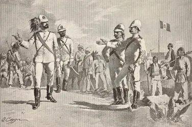Italienska och lokala soldater, i uniformer från den italienska armén i Afrika, Massawa, Eritrea, gravyr från en teckning av Quinto Cenni, från L