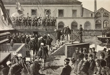 Italienska soldater går ombord på skeppet Washington, Neapel, Italien, tredje italienska expeditionen i Röda havet, gravyr från teckning av Quinto Cenni och skiss av M Del Don, från L