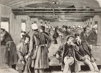Italienska soldater på tåg på väg till Neapel, Italien, andra italienska expeditionen i Röda havet, gravyr från teckning av Quinto Cenni och skiss av M Dal Don, från L
