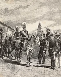 Japansk armé: Infanterisoldater, stabschefer, generalmajor, kavalleri, viceamiral, infanterikapten, skytt, Japan, gravyr från teckning av Quinto Cenni, från L
