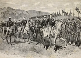 Kung Umberto I inspekterar Florens lanser, med general Martin di Montu bakom sig, 28 september, kavalleriövningar i Pordenone, Italien, gravyr från teckning av Quinto Cenni, från L