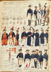 Militära uniformer från kungariket Etrurien från 1801. Färgskylt av Cenni Quinto