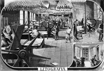 Treves bröders kontor, litografiavdelningen, Milano, Italien, illustration av Quinto Cenni (1845-1917) från L