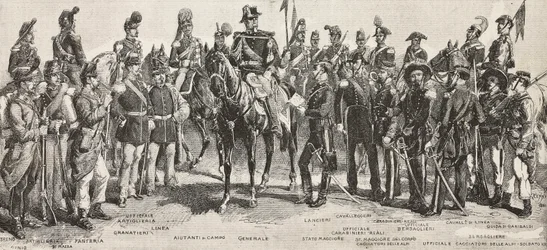 Piemontesiska armén 1859: infanterister, artillerister, ingenjörer, grenadjärer, officerare, generaler, spjutmän, kavallerister, gevärsskyttar, gravyr efter ritning av Quinto Cenni, från L
