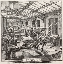 Tryckeri i Fratelli Treves förlag, Milano, Italien, gravyr från teckning av Quinto Cenni, från L