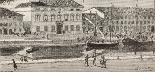 Rådhuset och hamnkanalen, Cesenatico, Italien, gravyr från en teckning av Quinto Cenni och en skiss av Ulisse Topi, från L